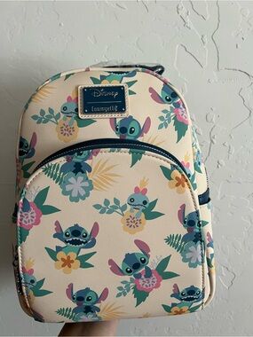 Loungefly Kids Cream Stitch Floral Backpack with Teal and Pink Accents